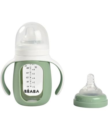 BEABA 2-in-1 Glass Baby Bottle & Sippy Cup Set - Soft Silicone Nipple - Sage Charcoal - 7 oz - Buy Online on GoSupps.com