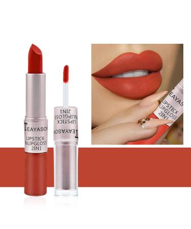 Hikaka 2 in 1 Matte Velvet Satin Lipstick & Gloss Set Double Headed Matte Finish Non-stick Cup No Fade Nude Color Long Lasting Waterproof Lip Gloss (D)