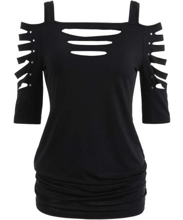 Xia&Han Women's Cold Shoulder Tunic Cut Lacerated Sleeve Tops Hollow Out Pullover Blouse Shirt Sleeve T-Shirt Black - Buy Online on GoSupps.com