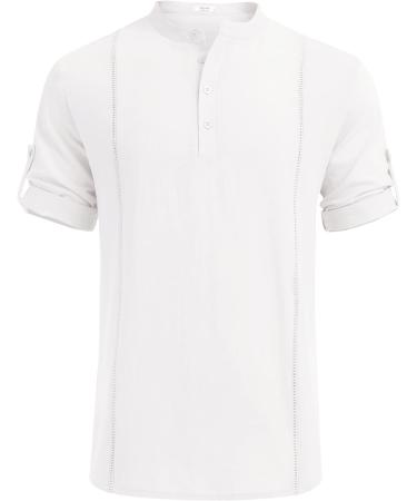 Deyeek Men's Linen Henley Shirt - Short Sleeve Summer Beach Shirt in White - X-Large - Buy Online on GoSupps.com
