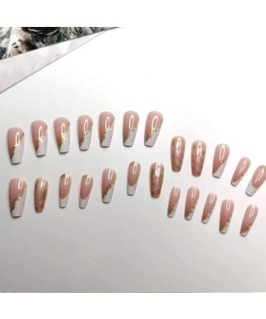 French Tip Press on Nails - Long Gold Foil Square Shape Reusable Gel Nails - 24 Pcs Glossy Nude Stick-On Nails for Women & Girls - Buy Online on GoSupps.com