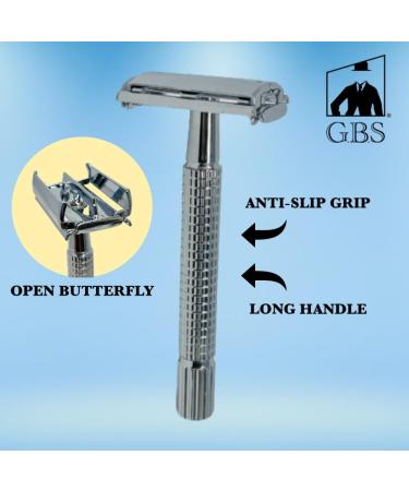 G.B.S Long Handle Classic Double Edge Safety Razor | Butterfly Open Design & 10 Stainless Steel Blades | Ultimate Clean Shave for Men - Buy Online on GoSupps.com