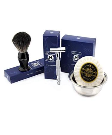 4 Piece Men's Shaving Set with De Safety Razor Pure Badger Hairbrush Soap & Bowl Birthday Gifts for Friend