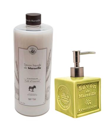 Maison Du Savon De Marseille Donkey milk liquid soap with green ceramic soap dispenser 1 liter refill and 300 milliliter dispenser
