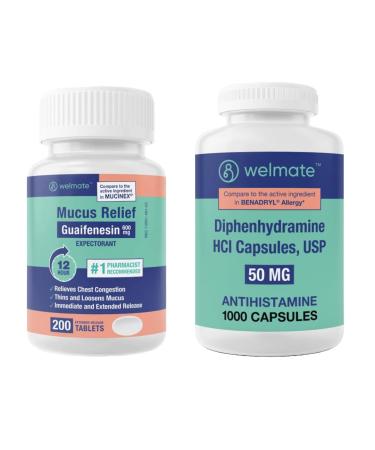 WELMATE Nighttime Relief Combo: Mucus Relief Guaifenesin 600mg Extended-Release (200 Ct) & Diphenhydramine 50mg Sleep Aid & Allergy Relief (1000 Ct) | 24-Hr Symptom Control for Restful Sleep