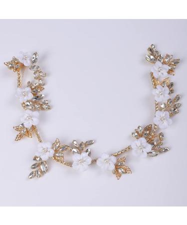 Chargances Bridal White Flower Hair Vine Wedding Leaf Crystal Headband Dainty Pearl Statement Handmade Hair Accessories for Women and Girls Brides (Gold) - Buy Online on GoSupps.com