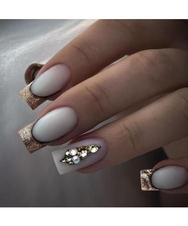 French Tip Press on Nails - Medium Square style fake nails Press On Nails with Nail Tips Golden Sparkling Rhinestones Design Glossy Milk White press on nails Acrylic False Nails Cute Artificial Nail