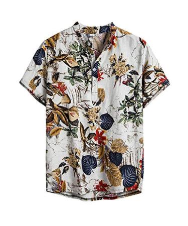 GDJGTA Hawaiian Shirt for Men Cotton Linen Ethnic Short Sleeve Button Tee Casual Printing Tops Blouse Lapel T-Shirt Medium Wl White Tee Shirt