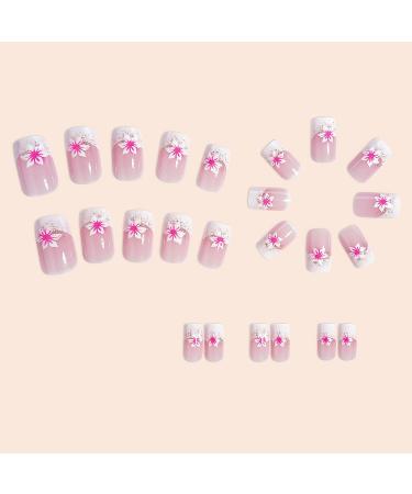 24Pcs Pink Flower French Tip Press-On Nails | Short Square Artificial Fake Nails for Women & Girls | Full Cover Stick-On Nail Art Supplies - Buy Online on GoSupps.com