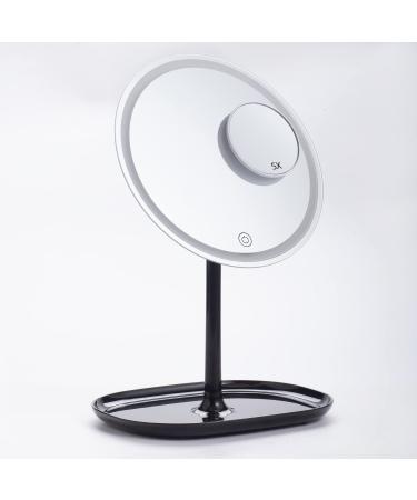 HOMEMIRO 8.3 Large Lighted Makeup Mirror with 3 Color Lights Finger Touch Stepless Dimming Desktop Vanity Mirror LED Light Up Mirror for Makeup 5X Magnetic Magnifying Travel Mirror Square Tray Black