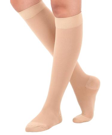 Made in USA - Compression Support Stockings for Women & Men 30-40mmHg - Unisex Knee Hi Compression Socks 30-40mmHg for Airplane Flight Travel Work - Beige, Large Large (1 Pair) Beige