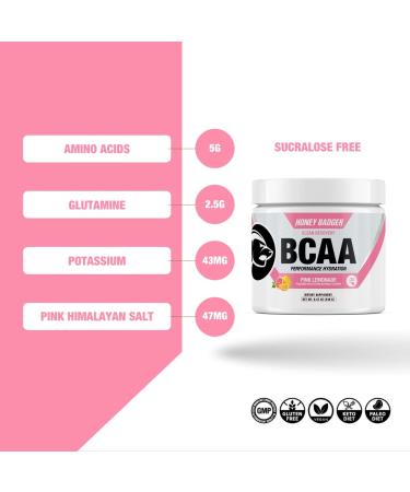 Honey Badger BCAA Amino Acids Powder - Vegan Keto Pink Lemonade | Electrolytes for Hydration & Recovery | Sugar Free & Paleo - 30 Servings - Buy Online on GoSupps.com