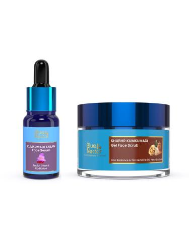 Blue Nectar's Kumkumadi Face Oil enriched with natural herbs (0.33 fl oz) & Walnut Gel Face Scrub delicately exfoliating for both Women & Men (1.76 oz)