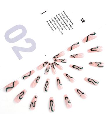 Sethexy Coffin Abstract False Nails - Snake Line Acrylic Press On Nails - 24 St Black Naked Pink Art for Women & Girls - Buy Online on GoSupps.com