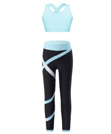 Huimingda Kid Girls 2 Piece Dance Outfits Sports Bra Crop Tank Top Athletic Leggings Set Gymnastics Tracksuit Light Blue 6 Years