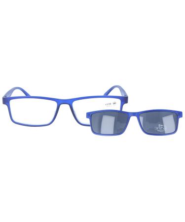 Practical plastic reading aid in a classic design with matching sun clip - SQUARE in blue + 2.00 dpt