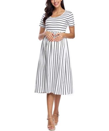 Love2Mi Short-Sleeve Maternity Dress - A-Line Midi Dress for Pregnant Women - S White Black Stripe - Buy Online on GoSupps.com