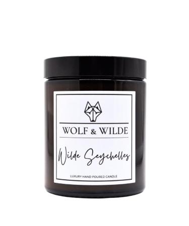 Wilde Seychelles Luxury Aromatherapy Scented Candle in Amber Glass Jar 200g. Handmade in West Yorkshire UK by Wolf & Wilde