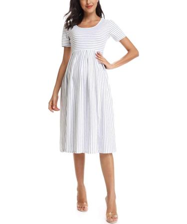 Love2Mi Short-Sleeve Maternity Dress XL - White Grey Stripe | Casual A-Line Midi Pregnant Dress - Buy Online on GoSupps.com