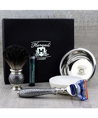Haryali London Vintage Inspired Shaving Set - 4 Pure Badger Hair Shaving Brush Gillette Fusion Razor Stainless Steel Shaving Bowl & Haryali London Premium Soap