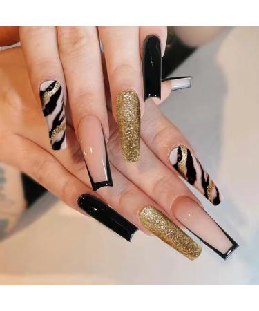 French Tip Press on Nails - Long T Press On Nails with Nail Tips glitter black gold false nails press on nails Acrylic False Nails Cute Artificial Nails