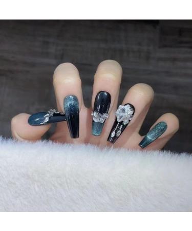 Temperament enhancement nail dark green hand-worn nail new dark dark green cat's eye zircon retro finished nail stickers (10 pieces)(S) - Buy Online on GoSupps.com