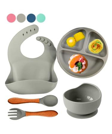 SilverStaar Baby Weaning Set Silicone Suction Plate Baby Suction Bowl Spoon Fork and Matching Bib - Super Detachable Suction Base Baby Feeding Set for Babies and Toddlers (Grey)