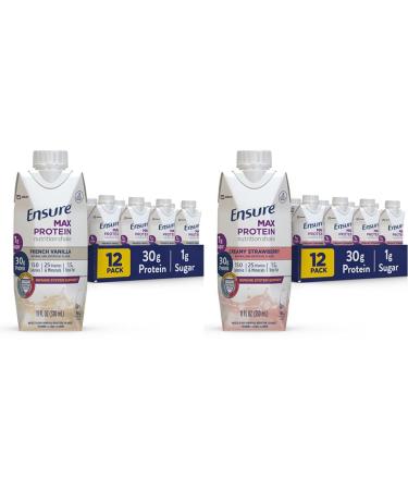 Ensure Max Protein Nutrition Shake with 30g of Protein & Max Protein Nutrition Shake with 30g of Protein 1g of Sugar High Protein Shake Creamy Strawberry 11 fl oz (Pack of 12)