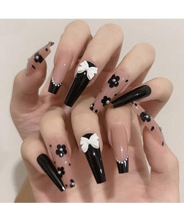 Aksod Cute Long Coffin Press on Nails Black Glossy Fake Nails Design Flower Bow French False Nails Tips Ballerina Full Cover Halloween Artificial Stick on Nails for Women and Girls 24Pcs (Style C)