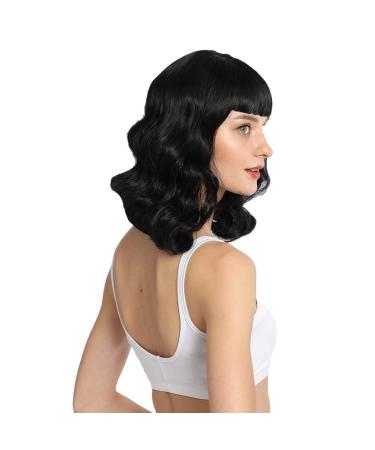 DIFEI Rockabilly Vintage Wig | Audrey Hepburn Style | Finger Wavy | Short Bang | Long Wig for Women - Black - Buy Online on GoSupps.com