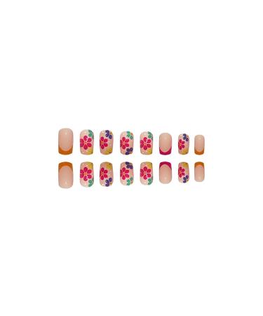 Short Square Nude Pink Flower Design Press on Nails - Full Cover Acrylic False Nails for Women and Girls - Buy Online on GoSupps.com
