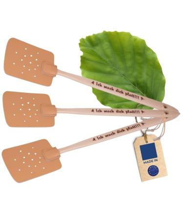 3x Hofmeister fly gossip made of beech wood & leather from Europe clap with saying print: I make you flat !!! practical mosquito rackers catch insects mosquito catchers 47.5 cm I get flat !!!3