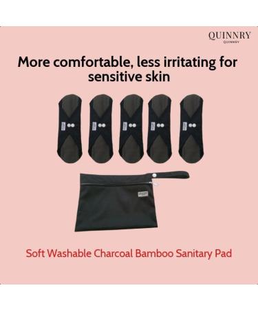 Quinnry Soft Washable Reusable Charcoal Bamboo Cloth Menstrual Pads - Medium Flow (5 Pads) with Waterproof Wetbag - Buy Online on GoSupps.com