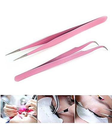 Onwon Pink Stainless Steel Tweezers for Eyelash Extensions - Straight and Curved Tip Nippers for False Lash Application - Buy Online on GoSupps.com