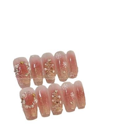 24Pcs/Set Press On Nails Christmas New French Powder Blusher Snowflake False Nails Acrylic Fake Nails Full Cover Nails Tips Artificial Finger Manicure Press on nails for Women and Girls