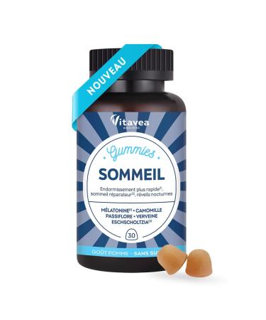 Vitavea - Gummies Sommeil Adulte sans sucres - M latonine Camomille Passiflore - Endormissement rapide Sommeil r parateur R veils nocturnes - Sans accoutumance - 30 gummies - Cure 1 mois - Vegan Bleu 30 unit (Lot de 1)