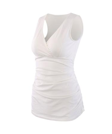 ZUMIY Maternity Nursing Top Pregnant Breastfeeding Shirt Women's Cotton V Neck Ruched Waist Double Layered Tank S White
