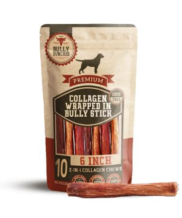 Bully Bunches Collagen Wrapped in Beef Bully Stick | All-Natural Long Lasting Dog Chew | Dental Stick for Avid Chewers (6 Inch 10 Pack)