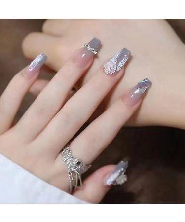 24Pcs/Set Press On Nails Temperament Gradual Ice Transparent Blue Grey Camellia Nail Beauty Diamond Chain Mid Length False Nails Full Cover Nails Manicure Press on nails for Women and Girls - Buy Online on GoSupps.com