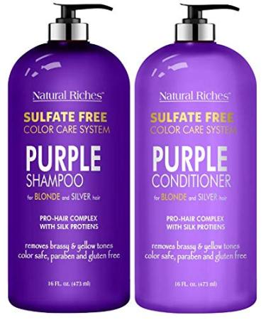 Natural Riches Purple Shampoo and Conditioner Set Sulfate Free Salon Grade for Silver Blonde and Platinum Hair. Removes Yellow & Brass tones. Blonde Shampoo for Silver Grey Highlighted Hair 16x2 fl oz
