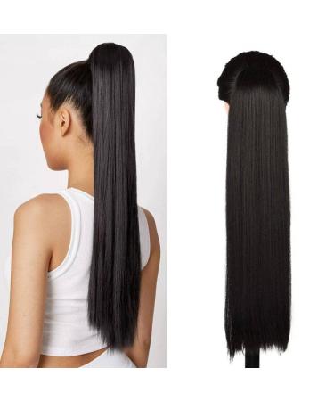 Straight Ponytail Extension Clip in Drawstring Ponytail Straight 24 Inch Long Straight Pony Tail Hair Extensions Natural Soft Synthetic Hairpieces Ponytail For Women (#1B, 24 Inch) 24 Inch 1B