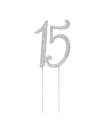 ABOOFAN 15 Cake Topper 15th Birthday or Anniversary Party Number 15 Crystal Rhinestones 15th Cake Decoration for Happy 15th Birthday Cake Topper Supplies (Silver)