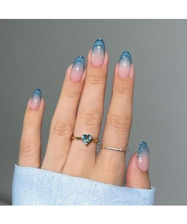 24Pcs/Set Press On Nails Mid Length Fake Nail with Blue Green Stripe Pattern False Nails Acrylic Fake Nails Full Cover Nails Tips Artificial Finger Manicure Press on nails for Women and Girls