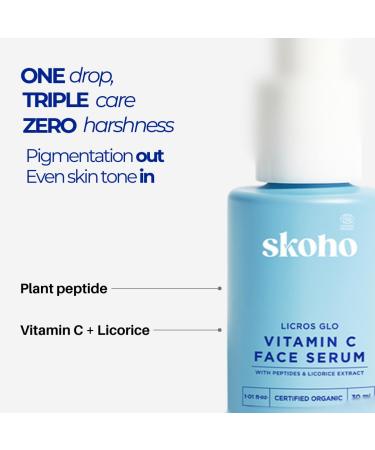 SKOHO Organic Vitamin C Face Serum with 98.932% Naturality | Reduces dark spots & Hyper Pigmentation | Licorice Natural Peptides Vitamin C | 30ml Natural - Buy Online on GoSupps.com