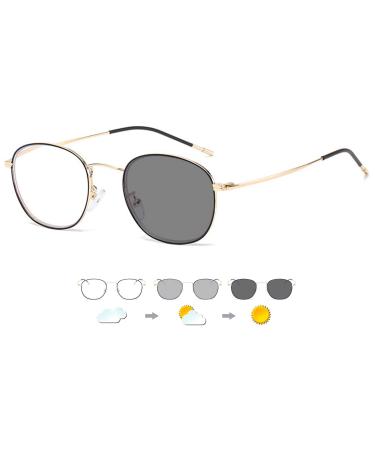 Lanomi Self -tinting progress reading glasses women men progressive multifocus sun reading glasses large metal frame uv400 protection reading help blue light filter varifocal glasses black gold 1.5 dioptria