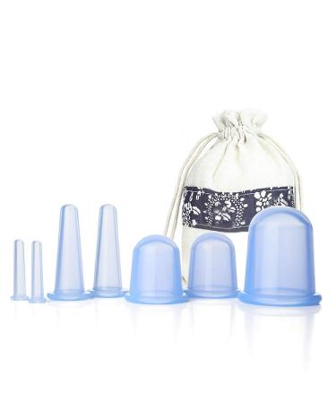 Facial Cupping Set Silicone Face Cupping Massage Therapy Sets 7Pcs Vacuum Suction Massage Cups with Pouch for Myofascial Massage, Muscle, Nerve, Joint Pain Relief (Blue)
