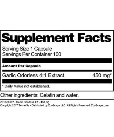 Garlic Odorless 4:1-450 mg (100 Capsules ZIN: 520197) - Buy Online on GoSupps.com