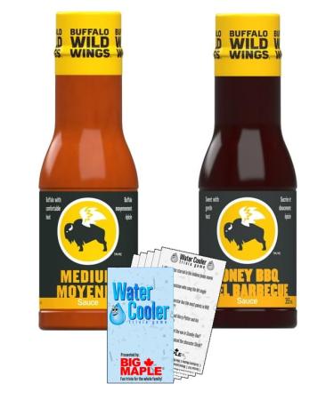 Honey BBQ & Medium Sauce Bundle. Includes (2) Bottles of Buffalo Wild Wings Sauce Honey BBQ & Medium (355ml per) with Water Cooler Trivia Game by BIG MAPLE . Tasty Topping for Salads Subs Sandwiches Tacos Quesadillas