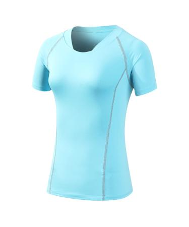 Women's Compression Shirt,Dry fit Workout Athletic Short Sleeve Shirt,Base Layer Blue Large