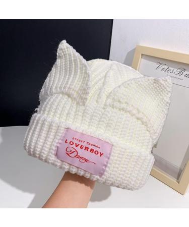 Cute Cat Ear Women's Beanie Hat - Knitted Wool Cap in White - Buy Online on GoSupps.com